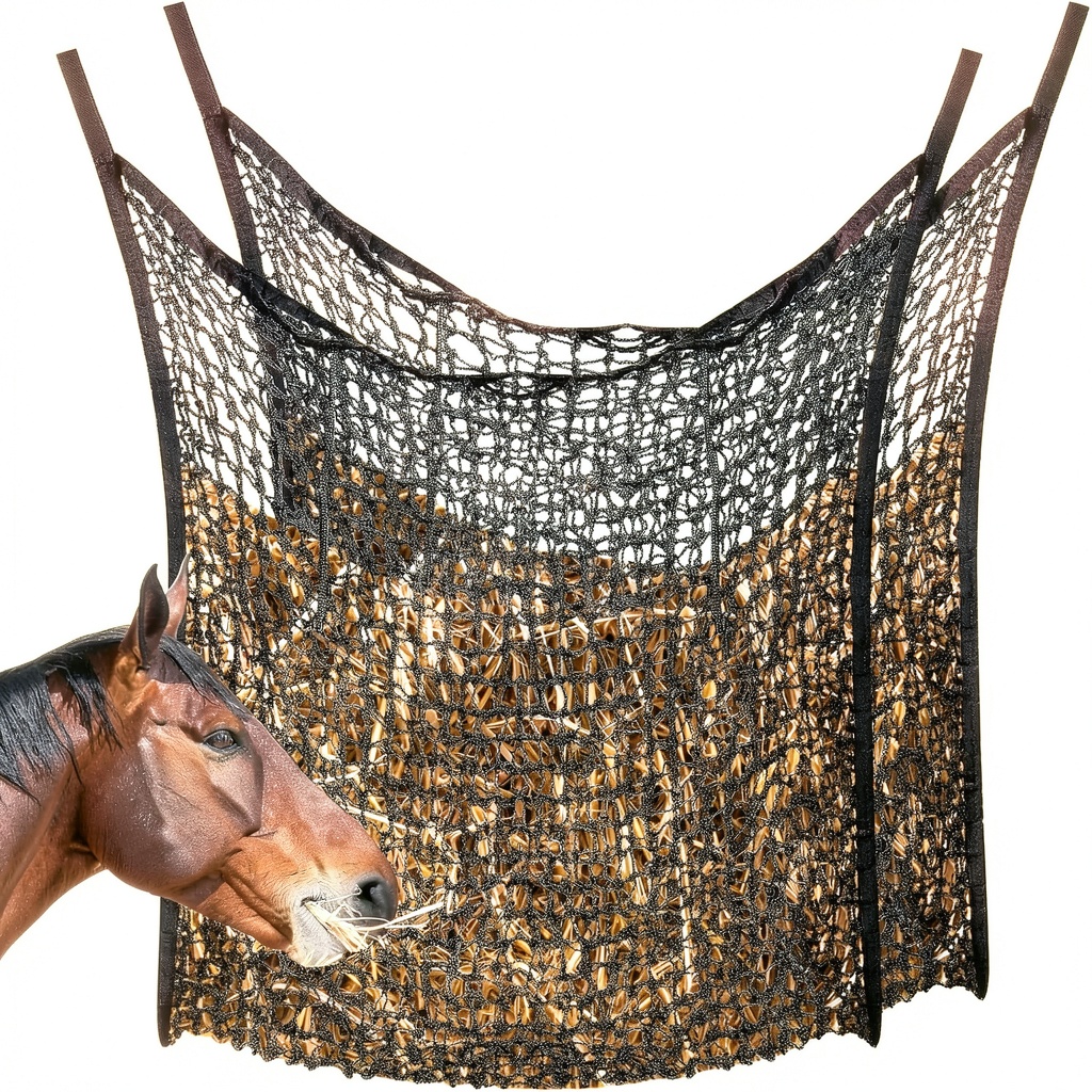 Fabbay slow feed hay bag attached to a stall with horse feeding