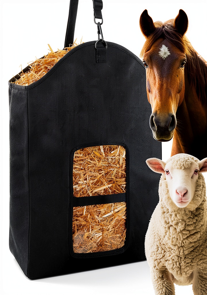 Srefaka hay feeder bag hanging in a stable with horses