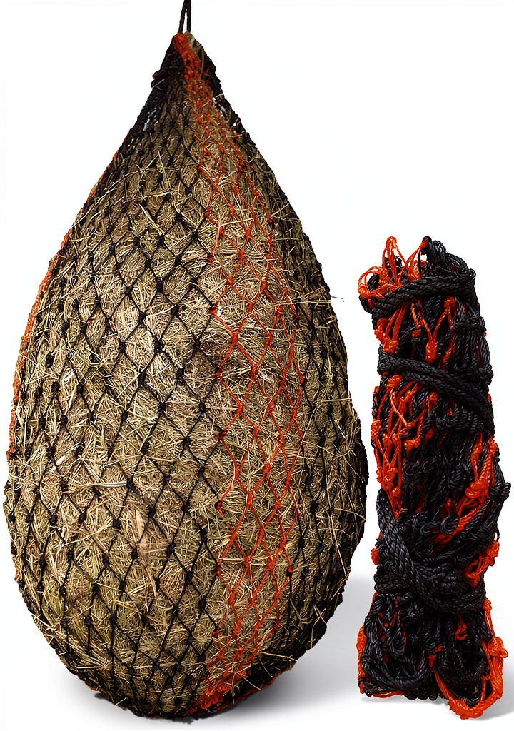 TEKE horse hay net in use with black and red design